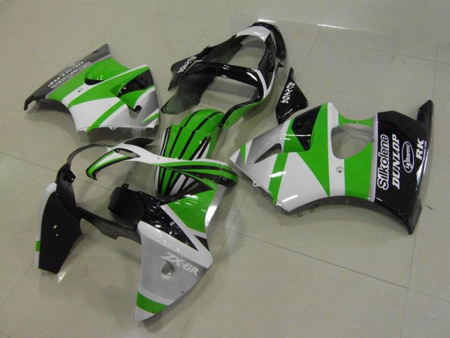White Green Glossy Black Stripe Silkolene Dunlop 2000-2002 Kawasaki ZX6R Motorcycle Fairings