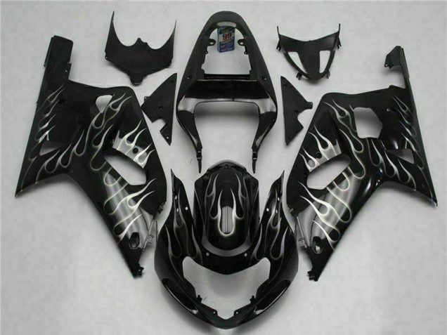 Glossy Black Silver Flame 2001-2003 Suzuki GSXR 600/750 Motorcycle Fairings