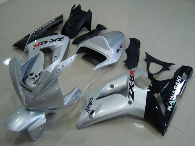 Silver Glossy Black 2003-2004 Kawasaki ZX6R Motorcycle Fairings