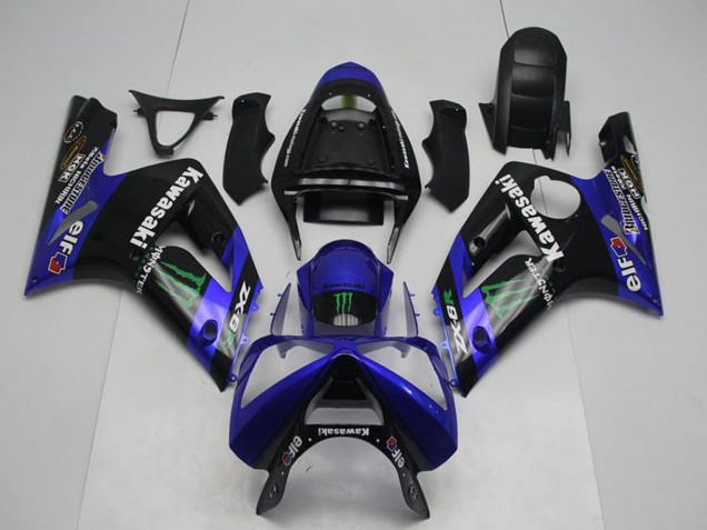 Glossy Black Blue Green Monster 2003-2004 Kawasaki ZX6R Motorcycle Fairings