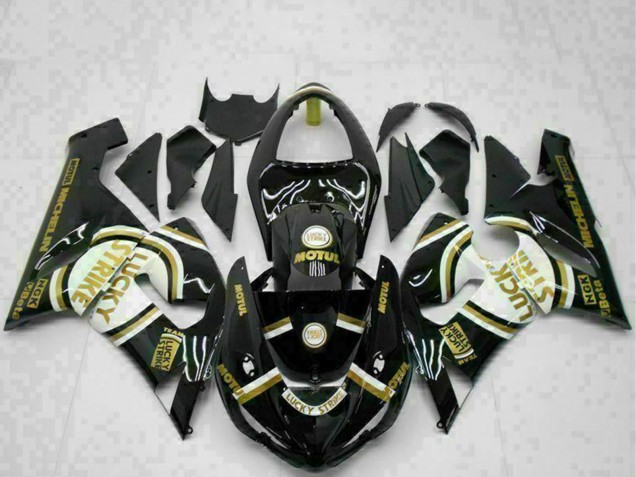 Glossy Black White Gold Lucky Strike 2005-2006 Kawasaki ZX6R Motorcycle Fairings