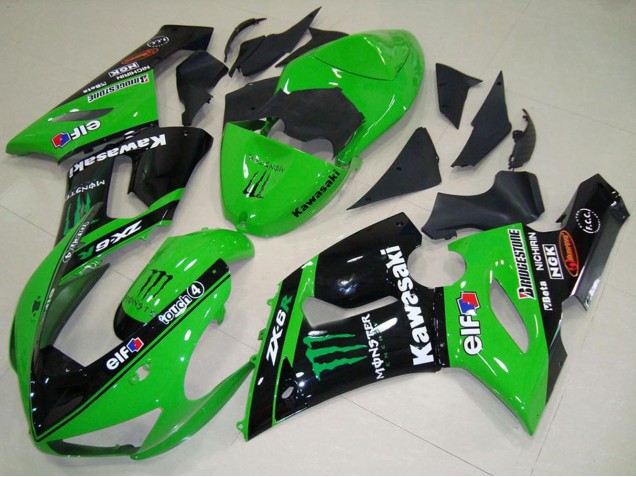 Green Glossy Black Elf Monster 2005-2006 Kawasaki ZX6R Motorcycle Fairings