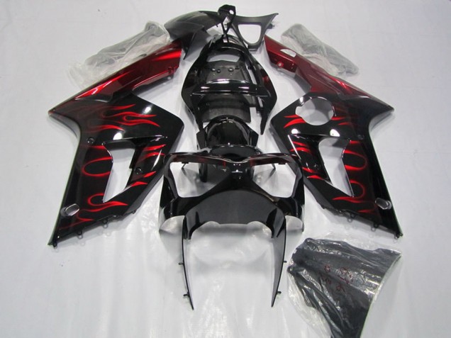 Glossy Black Red Flame 2003-2004 Kawasaki ZX6R Motorcycle Fairing