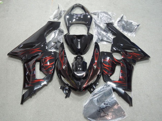 Glossy Black Red Flame 2005-2006 Kawasaki ZX6R Motorcycle Fairings