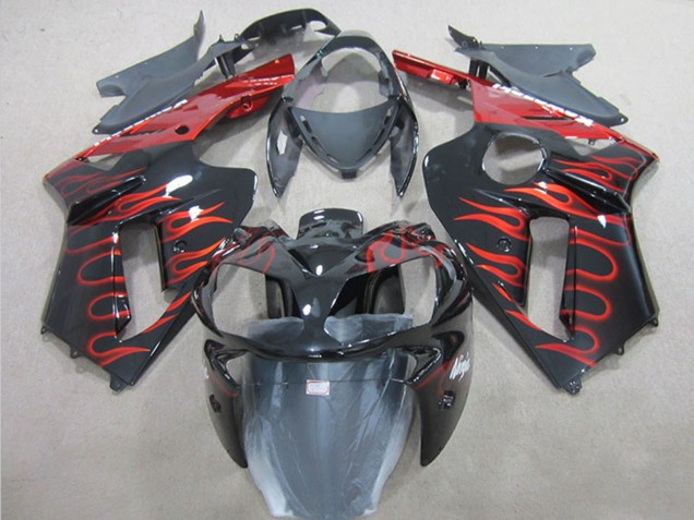 Black Red Flame 2007-2008 Kawasaki ZX6R Motorcycle Fairing