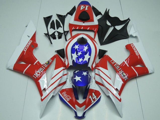 White Red Blue Star Geico 14 2007-2008 Honda CBR600RR Motorcycle Fairings