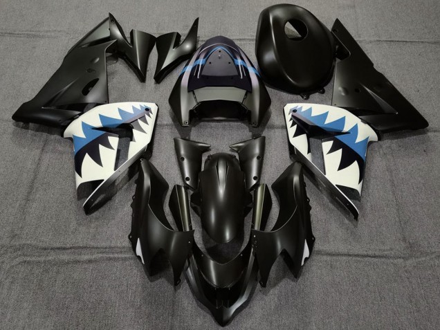 Matte Black and Light Blue Shark 2004-2005 Kawasaki ZX10R Motorcycle Fairings