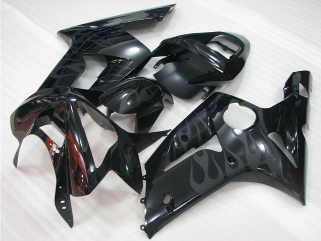 Glossy Black Grey Flame 2003-2004 Kawasaki ZX6R Motorcycle Fairings