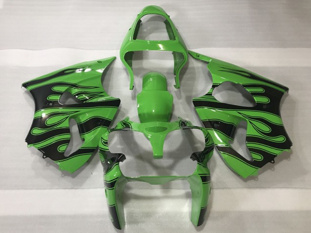 Green Black Flame 2000-2002 Kawasaki ZX6R Motorcycle Fairings