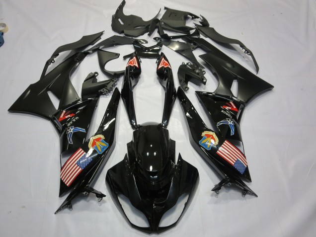 Glossy Black Matte Black American Flag 2009-2012 Kawasaki ZX6R Motorcycle Fairings