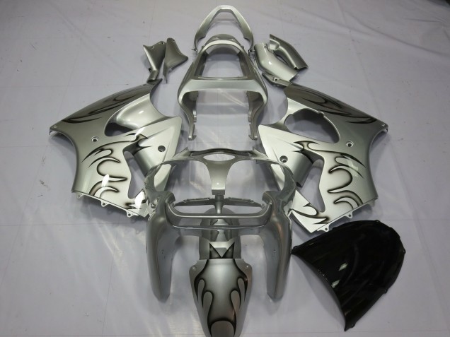 Silver Black Flame 2000-2002 Kawasaki ZX6R Motorcycle Fairings
