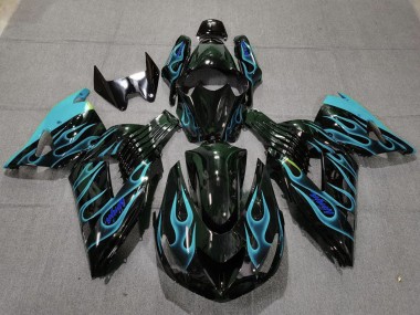Glossy Black Light Blue Flame 2006-2011 Kawasaki ZX14R Motorcycle Fairings