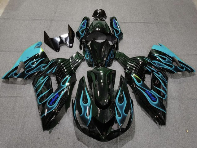 Glossy Black Light Blue Flame 2006-2011 Kawasaki ZX14R Motorcycle Fairings