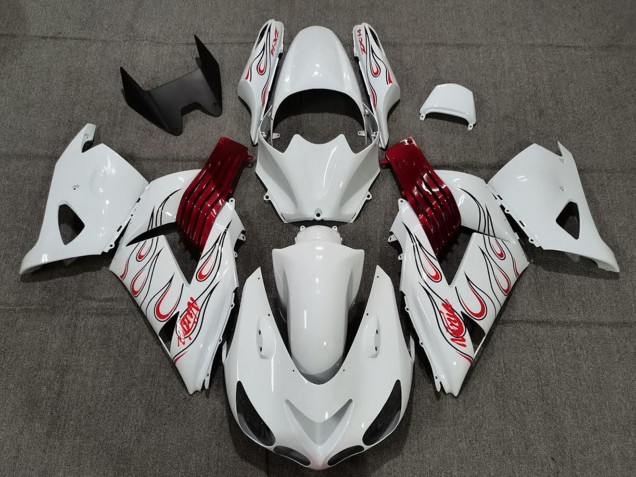 White Red Flame 2006-2011 Kawasaki ZX14R Motorcycle Fairings