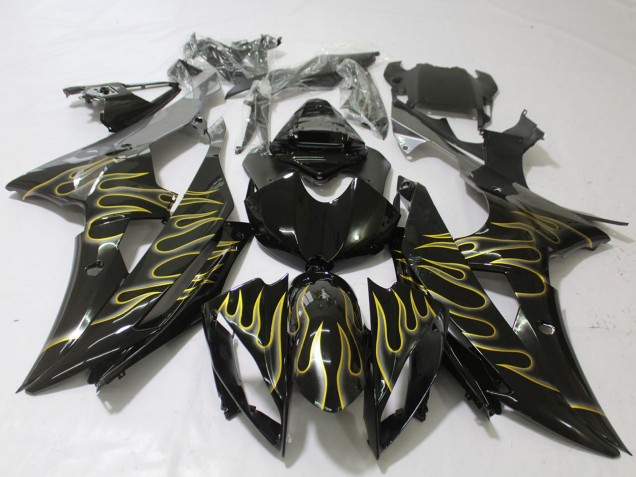 Glossy Black Gold Flame 2008-2016 Yamaha R6 Motorcycle Fairings