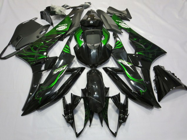 Glossy Black Green Flame 2006-2007 Yamaha R6 Motorcycle Fairings