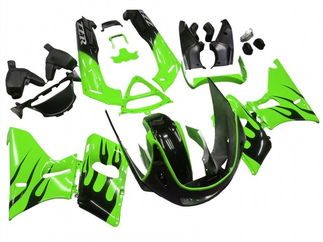 Green Glossy Black Flame 1993-2007 Kawasaki ZZR400 Motorcycle Fairings