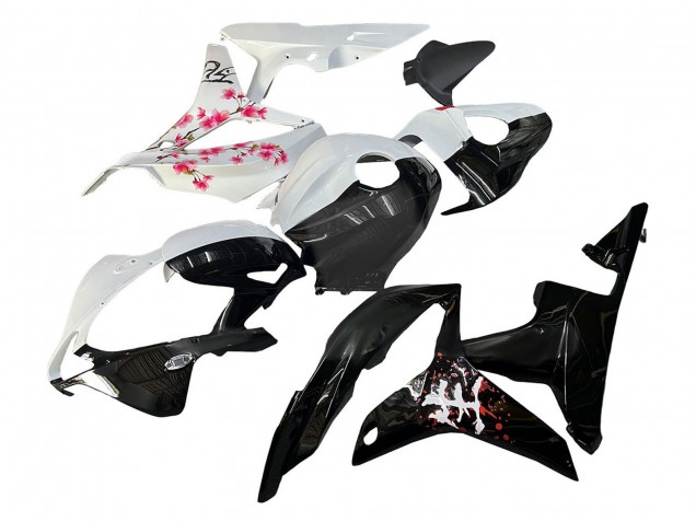 White Cherry Blossom Glossy Black Split 2007-2008 Honda CBR600RR Motorcycle Fairings