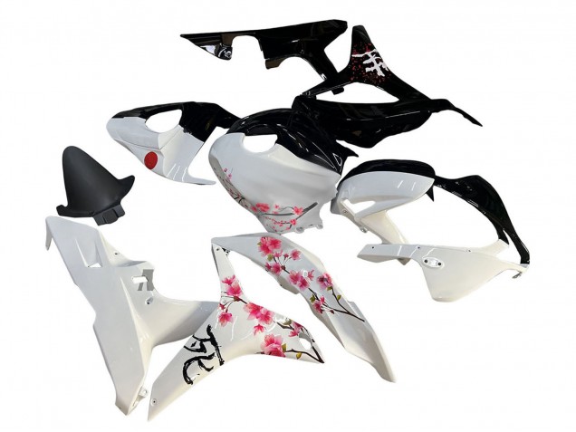 White Cherry Blossom Glossy Black Split 2007-2008 Honda CBR600RR Motorcycle Fairings