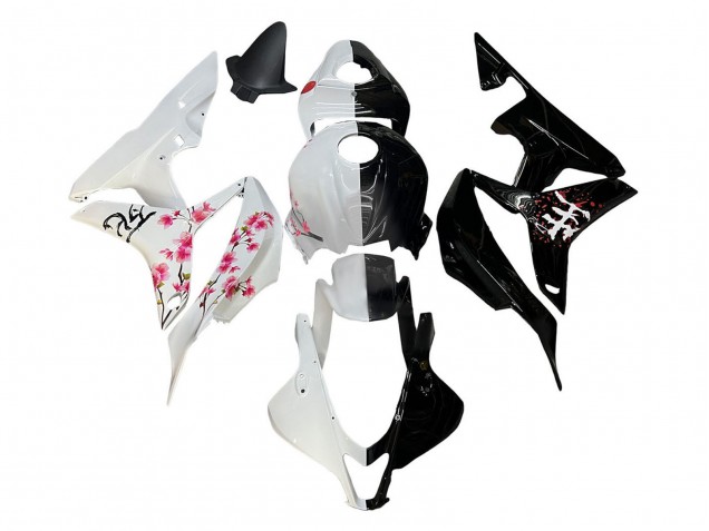 White Cherry Blossom Glossy Black Split 2007-2008 Honda CBR600RR Motorcycle Fairings