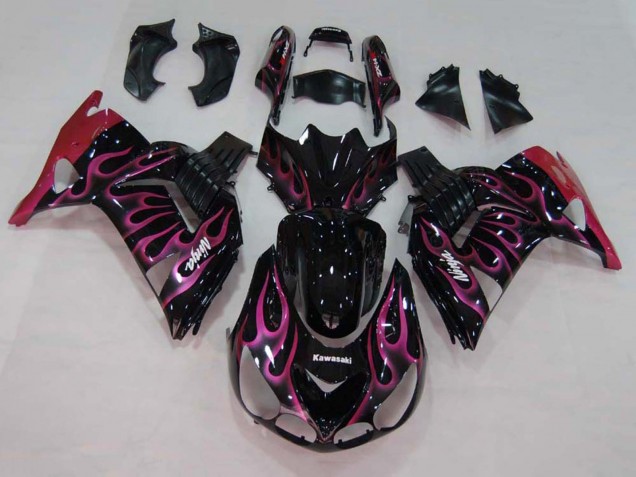 Glossy Black Red Pink Flame 2006-2011 Kawasaki ZX14R ZZR1400 Motorcycle Fairings