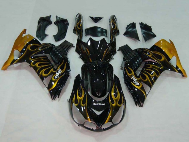 Glossy Black Gold Flame 2006-2011 Kawasaki ZX14R ZZR1400 Motorcycle Fairings