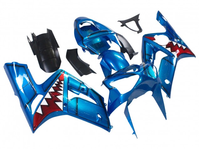 Blue White Red Shark 2003-2004 Kawasaki ZX6R Motorcycle Fairings
