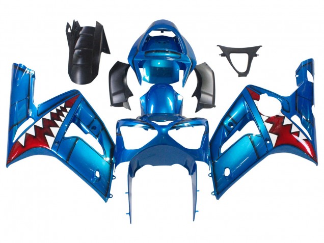 Blue White Red Shark 2003-2004 Kawasaki ZX6R Motorcycle Fairings
