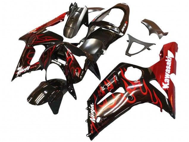 Glossy Black Red Flame 2003-2004 Kawasaki ZX6R Motorcycle Fairings