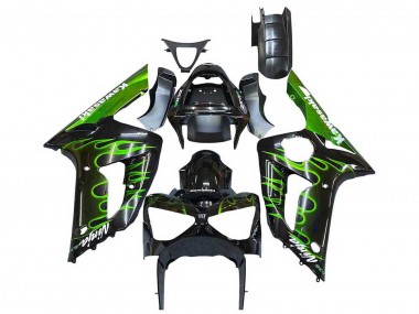 Glossy Black Green Flame 2003-2004 Kawasaki ZX6R Motorcycle Fairings