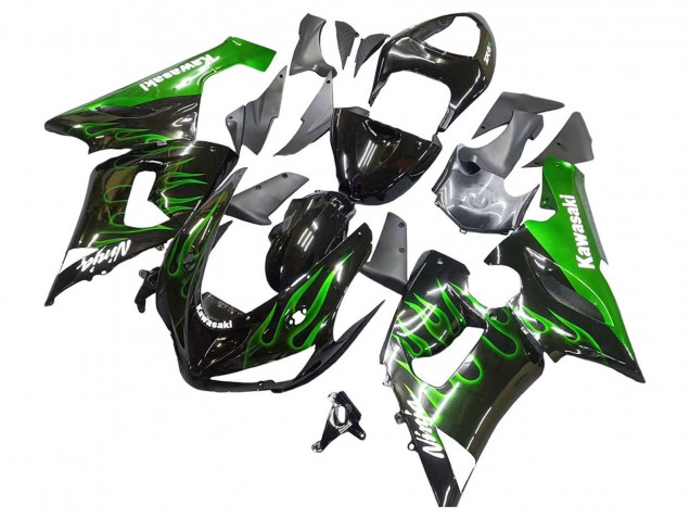 Glossy Black Green Flame 2005-2006 Kawasaki ZX6R Motorcycle Fairing