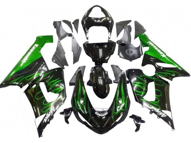 Glossy Black Green Flame 2005-2006 Kawasaki ZX6R Motorcycle Fairing