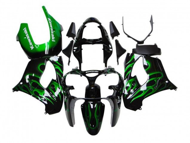Black White with Green Flame 2002-2003 Kawasaki ZX9R Motorcycle Fairings