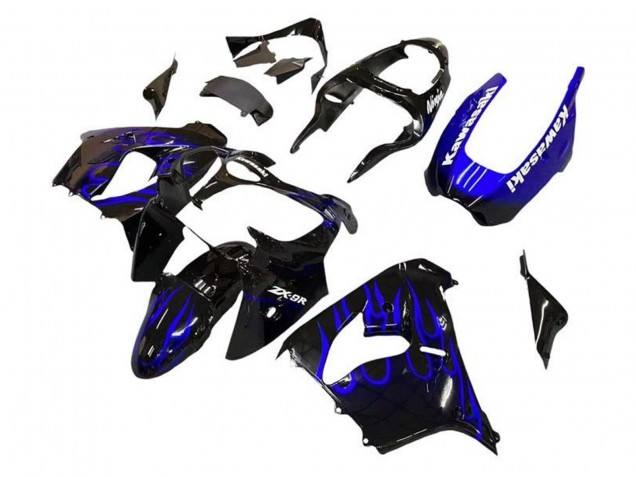 Black White with Blue Flame 2002-2003 Kawasaki ZX9R Motorcycle Fairings