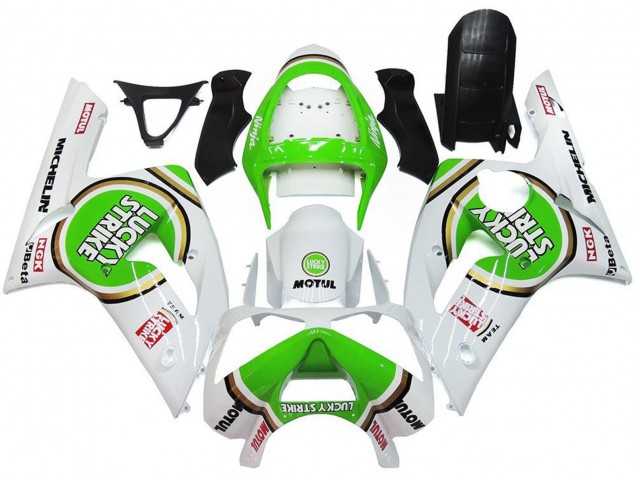 White Green Motul Lucky Strike 2003-2004 Kawasaki ZX6R Motorcycle Fairings