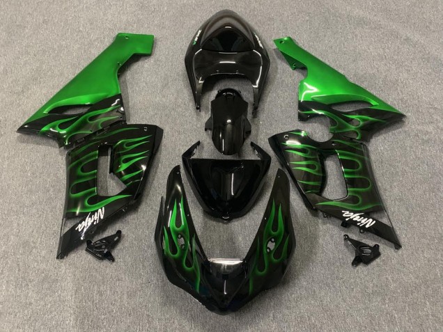 Glossy Black Green Flame 2005-2006 Kawasaki ZX6R Motorcycle Fairings