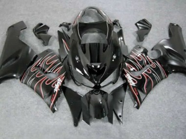 Glossy Black Red White Flame 2005-2006 Kawasaki ZX6R Motorcycle Fairings