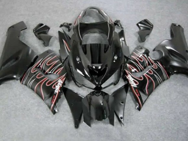 Glossy Black Red White Flame 2005-2006 Kawasaki ZX6R Motorcycle Fairings