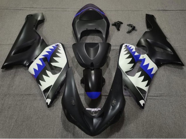 Matte Black White Blue Shark 2005-2006 Kawasaki ZX6R Motorcycle Fairings