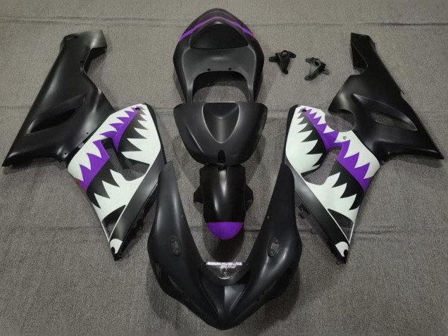 Matte Black White Purple Shark 2005-2006 Kawasaki ZX6R Motorcycle Fairings