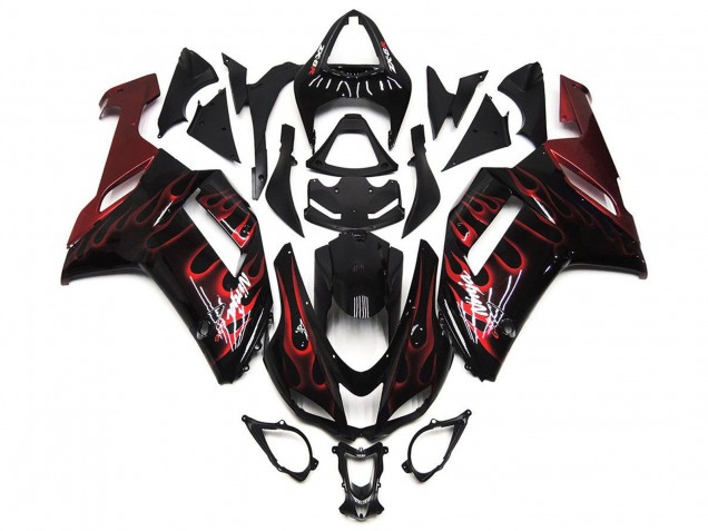 Black White Red Flame 2007-2008 Kawasaki ZX6R Motorcycle Fairings