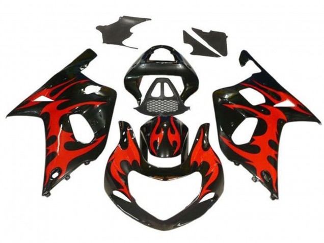 Glossy Black Red Tribal 2000-2002 Suzuki GSXR1000 Motorcycle Fairings