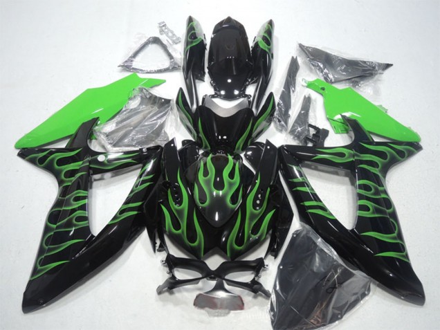 Glossy Black Green Flame 2008-2010 Suzuki GSXR 600 Motorcycle Fairings