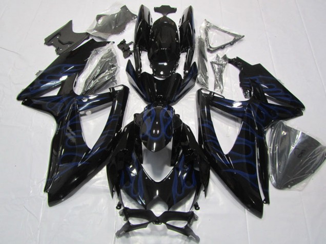 Glossy Black Blue Flame 2008-2010 Suzuki GSXR 600 Motorcycle Fairings